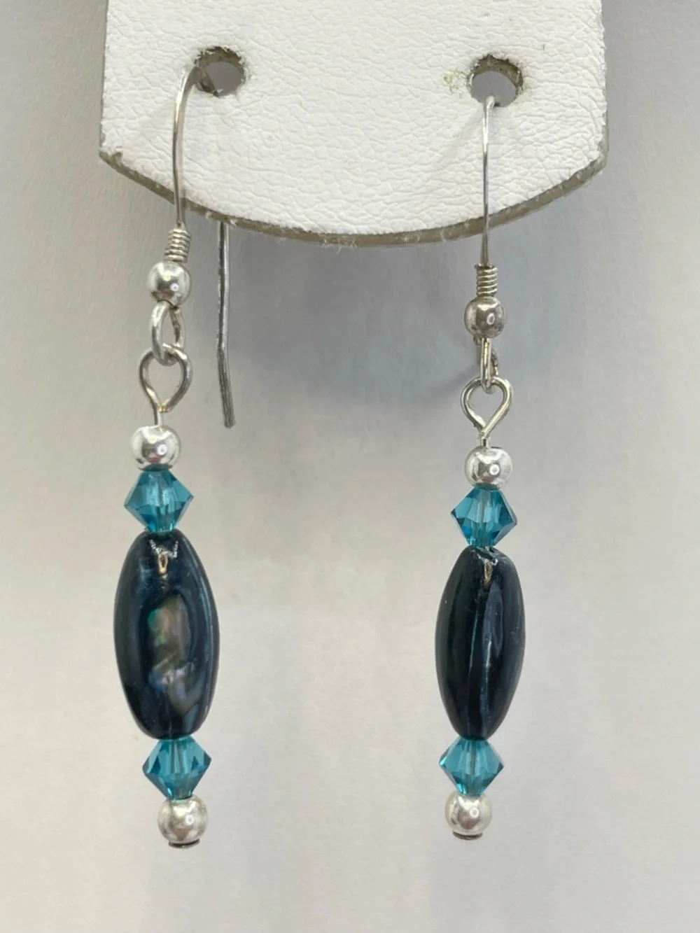 925 Sterling Silver Abalone Shell Teal Crystal Dangle Earrings Elegant